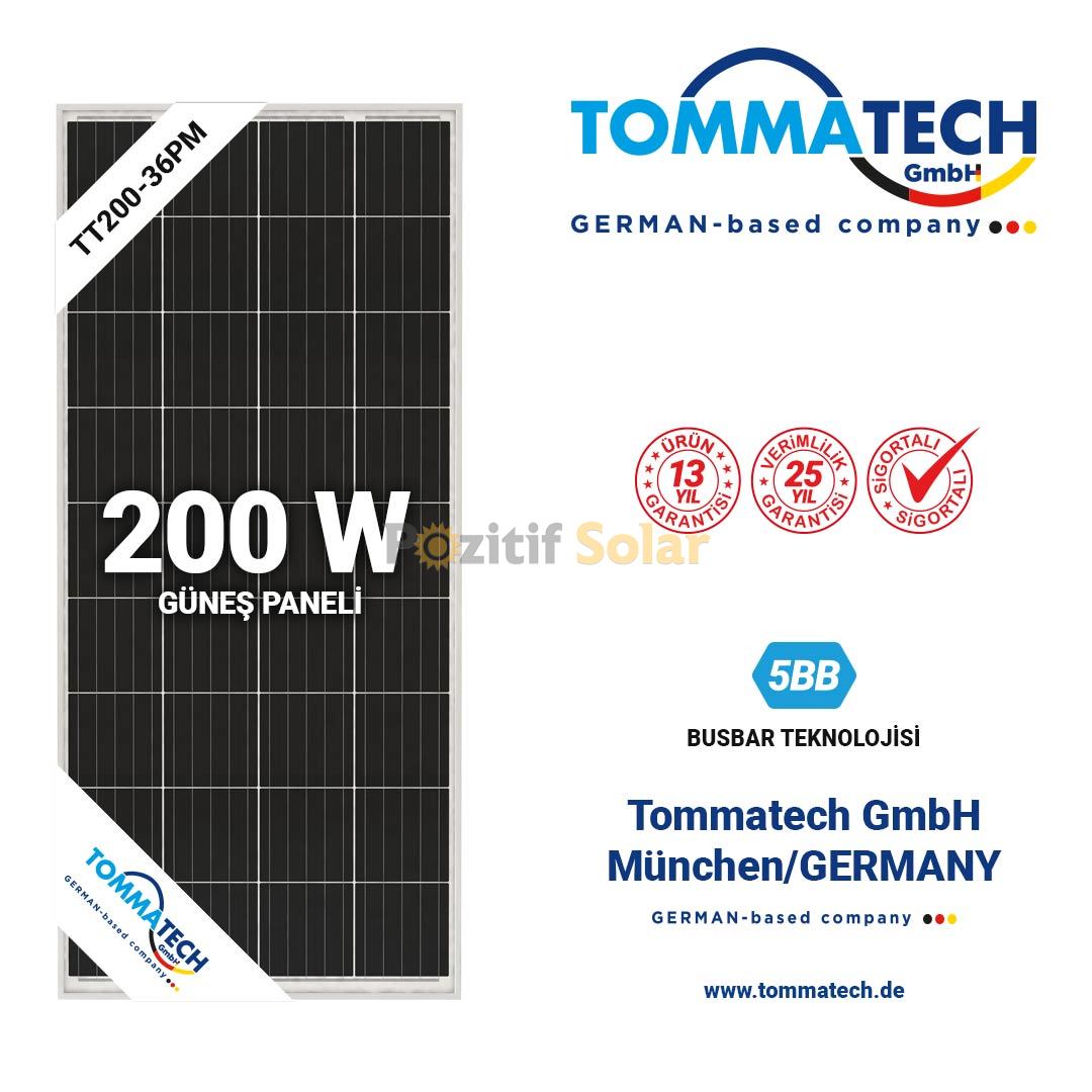 Tommatech 200 Watt Monokristal Perc Solar Güneş Paneli 1.Sınıf A Class